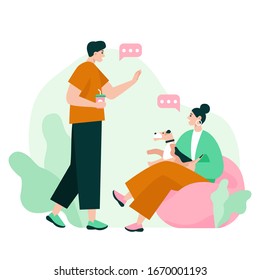 First acquaintance of two people. Man and woman chatting, talking and making small compliments. Flat vector illustration.