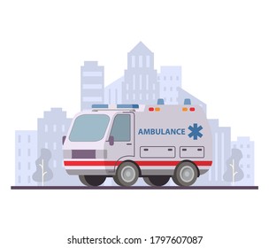 Van de ambulancia de primeros auxilios. Vehículo médico de emergencia. С rascacielos de la ciudad de fondo. Vector de estilo moderno y plano.