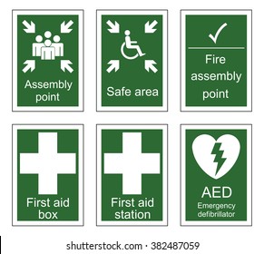 First aid and assembly sign set isolated on white background