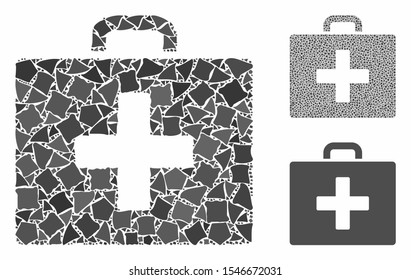 First aid bag composition of rugged items in different sizes and shades, based on first aid bag icon. Vector inequal items are grouped into collage. First aid bag icons collage with dotted pattern.