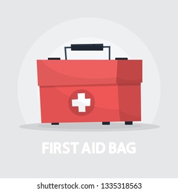 First aid bag. Red emergency equipment. Rescue box. Vector illustration in cartoon style
