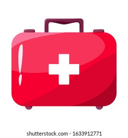 First aid bag. Red emergency equipment. Rescue box. Vector illustration in cartoon style