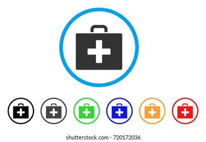 First Aid Bag rounded icon. Style is a flat first aid bag grey symbol inside light blue circle with black, gray, green, blue, red, orange color versions.