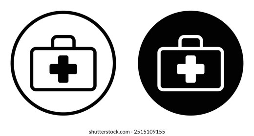 Conjunto de ícones de vetor de saco de primeiros socorros. Bolsa médica em círculo. Símbolo de caso de ambulância. Maleta médica, sinal de caixa. Remédio, emergência.