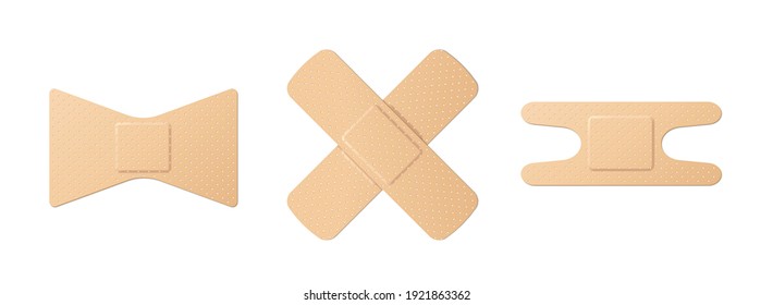 First aid band plaster strip and medical patches set. Different plasters types of cross and other shapes. 3d realistic vector illustration