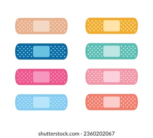 First Aid Band Plaster Strip Medical Patch Icon Set. Vector set aid bandages different colors