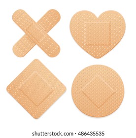 Banda de primeiros socorros tira de gesso médico patch conjunto de ícones. Tipos diferentes. Ilustração vetorial de quatro emplastros - caixa, coração, cruz e redondo