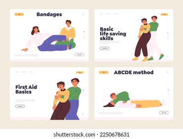 First aid basic skills for saving life concept of landing pages set with people training to put bandage, artificial respiration, helping after choking. Cartoon flat vector illustration