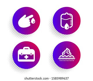 First aid, Blood donation and Drop counter icons simple set. Halftone dots button. Skin care sign. Medicine case, Injury, Medical equipment. Face cream. Healthcare set. Vector