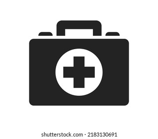 Caja de primeros auxilios. Icono plano del kit de primeros auxilios negro aislado en la ilustración del vector de fondo blanco. Kit de primeros auxilios con cruz. Bolsa de salud. Atención de la salud, hospital y concepto médico. Sistema de rescate.