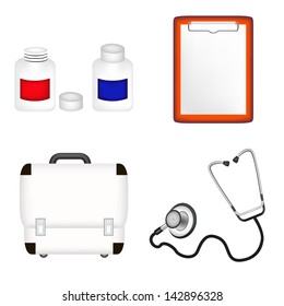 first aid box icon, doctor's stethoscope, clipboard, medicine bottles medicine illustration. mesh vector