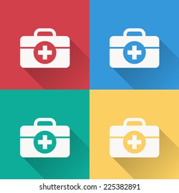 first aid box icon , flat design on 4 color background
