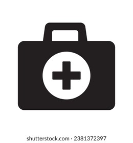 Icono del cuadro de primeros auxilios. Kit de primeros auxilios, símbolo del icono de la bolsa de atención médica. Ilustración vectorial.