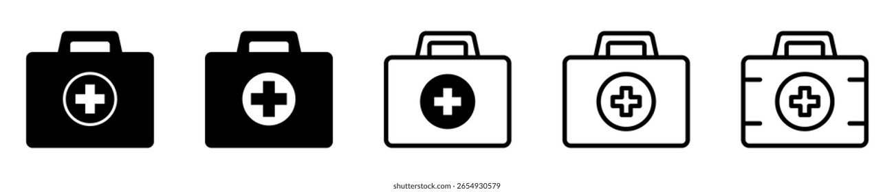 First aid box icon, medical briefcase icons set.