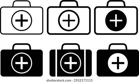 Conjunto de iconos de caja de primeros auxilios. Muestra médica del maletín. Vector médico del icono del maletín aislado
