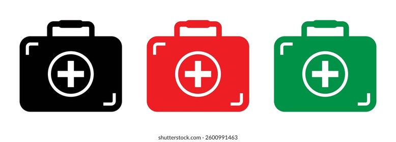 First aid box icon set. Collection of medical care kit symbols in vector format.