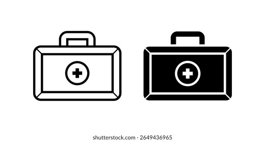 first aid box icon set. A simple illustration of a first aid kit box in both outline and solid black versions. Emergency medical symbol for website, apps, or designs.