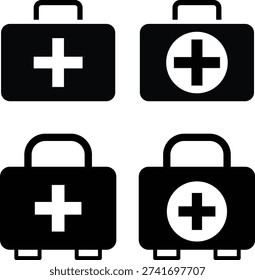First aid box icon set. Medical emergency and safety symbols. medical equipment. health care element. hospital briefcase sign. accidents and disasters
