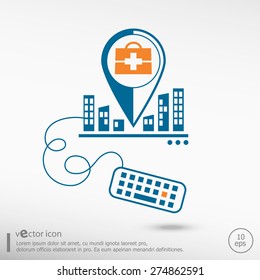 First aid box and keyboard. Line icons for application development, web page coding and programming, creative process.
