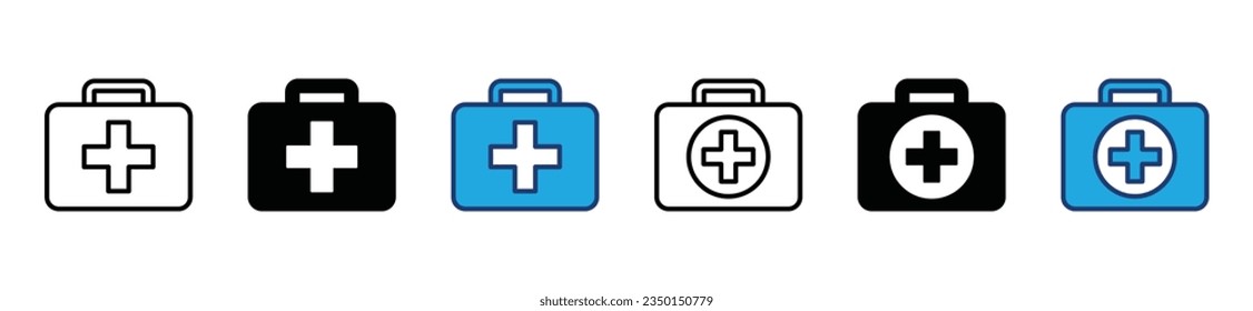 First aid box line and flat icons set. First aid kit, Medical care bag icon symbol. Vector illustration