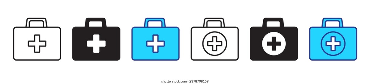 Box-Line und flache Symbole gesetzt. Erste Hilfe-Kit, Symbol Medizinischer Pflegebeutel. Vektorgrafik.
