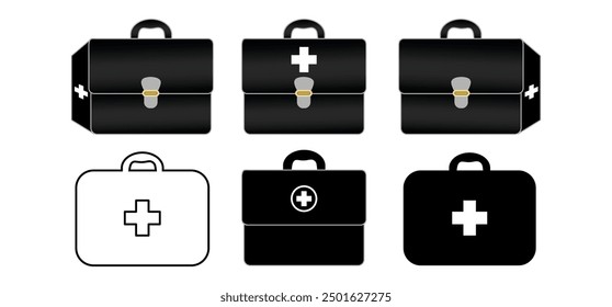 First aid box line and flat icons set. First aid kit, Medical care bag icon symbol. Vector illustration