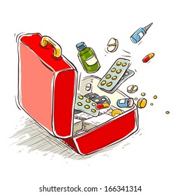 First aid box with medical drugs and pills. Eps10 vector illustration. Isolated on white background