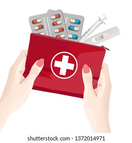 A first aid box with medical kit. Vector illustration.