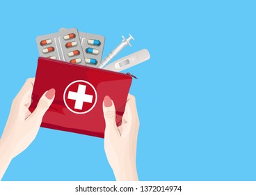 A first aid box with medical kit. Vector illustration.