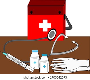 First Aid Box, Medicine Box, Stethoscope And Syringe, Medical Equipment, Vector Illustration Of Medical Equipment