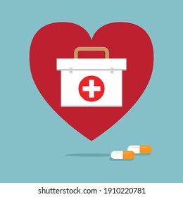 First aid box and medicine, Vector illustration in flat style