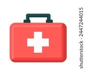 First aid box.Red object with a cross on it, medical equipment, First aid storage, doctor's case.Vector illustration isolated on white background