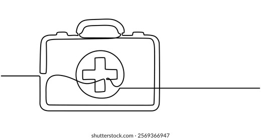 First Aid box one line continuous. First Aid box line art. Hand drawn vector art, First Aid Kit Continuous Line Icon, First Aid Kit, Healthcare and Medical line icon, one continuous drawing.