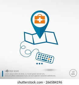 First aid box and pin on the map. Line icons for application development, creative process. 