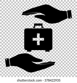 First aid box sign. Save or protect symbol by hands.