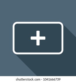 First aid box. simple icon. White flat icon with long shadow on background