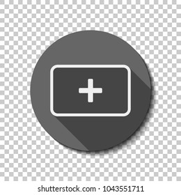 First aid box. simple icon. White flat icon with long shadow in circle on transparent background