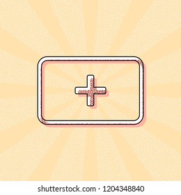 First aid box. simple icon. Vintage retro typography with offset printing effect. Dots poster with comics pop art background
