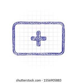 First aid box. simple icon. Hand drawn sketched picture with scribble fill. Blue ink. Doodle on white background