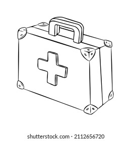 First aid box in sketchy hand drawn style. Medical case isolated on white background. Vector illustration.