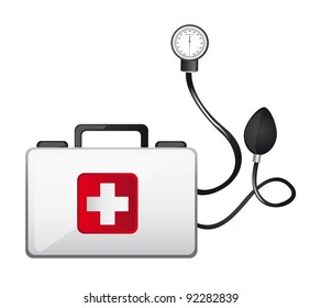 first aid box with sphygmomanometer isolated vector illustration