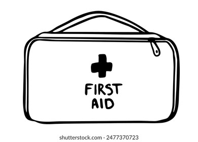 First aid box, Suitcase outline illustration, medical briefcase, ambulance emergency box. first aid medical symbol isolated on white for hike, travel, tourist banner, poster, Gide, flyer design