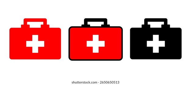 First aid box vector icon set. Red object with a cross on it. Medical equipment. First aid storage, doctor's case. First aid box isolated on white background.