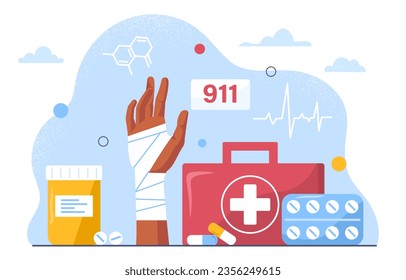First aid boxes concept. Healthcare and treatment, hand in bandage with pills and drugs. Emergency and situation. Character with injury at arm. Poster or banner. Cartoon flat vector illustration