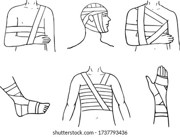 First aid for broken hand, leg, chest, head with bandage. Vector hand drawn style illustration.
