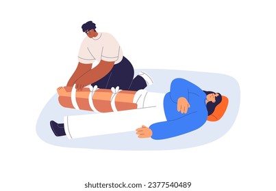 First aid for broken leg, trauma. Fixing injured bone, immobilizing limb after accident. Helping person with physical injury. Emergency care. Flat vector illustration isolated on white background