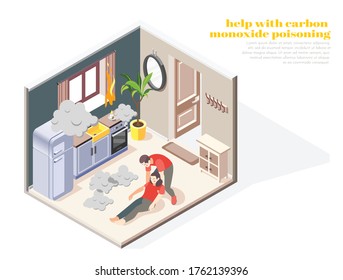 First aid for carbon monoxide poisoning isometric composition with husband treating fainted wife in kitchen vector illustration  