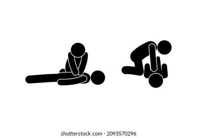 first aid cardiac massage, sign cardiopulmonary resuscitation, illustration of a man helping a victim, simple flat design