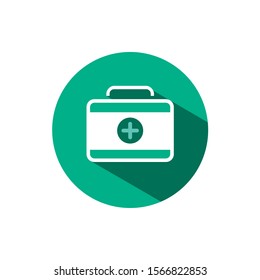 First aid case icon with shadow on a green circle. Vector pharmacy illustration
