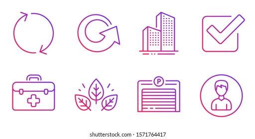 First aid, Checkbox and Organic tested line icons set. Skyscraper buildings, Parking garage and Reload signs. Refresh, Person symbols. Medicine kit, Approved tick. Business set. Vector